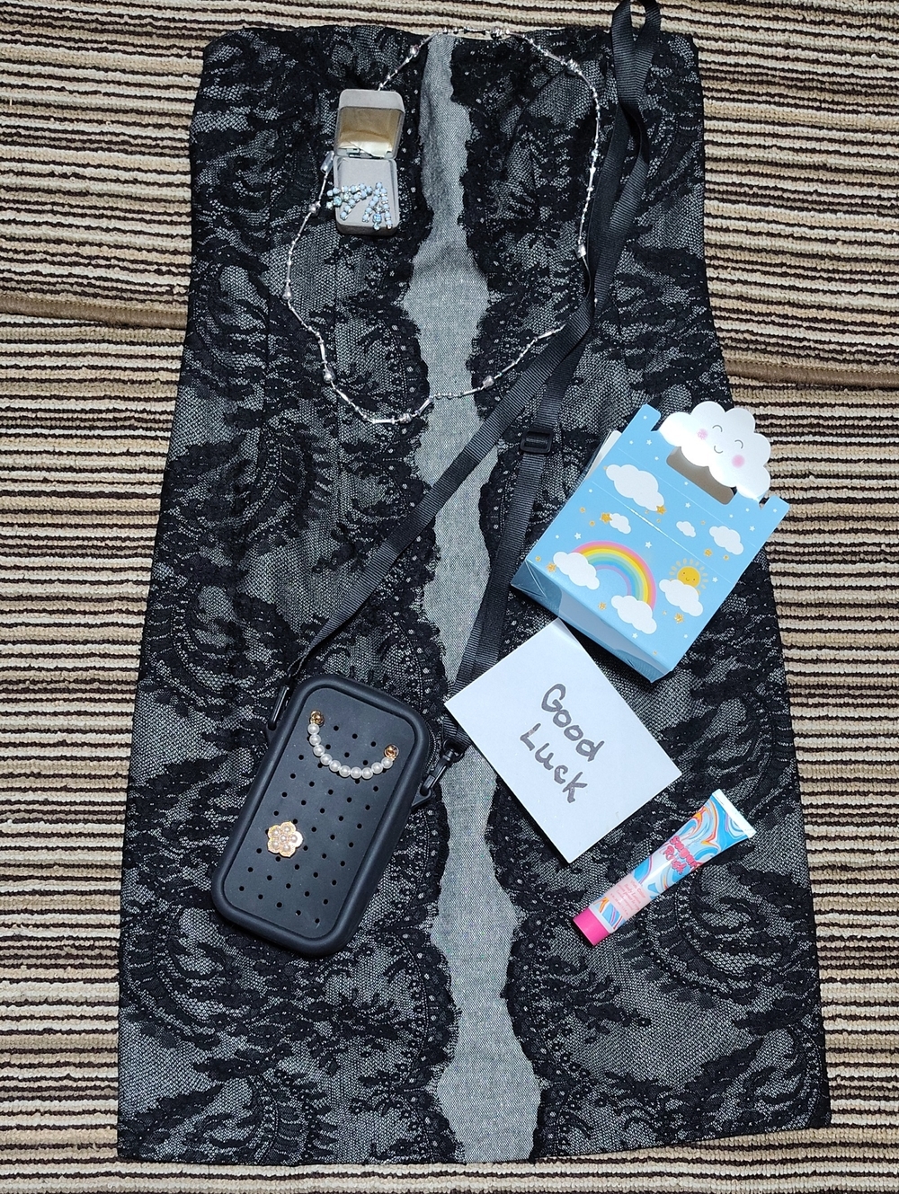 #0275 Black Strapless Lace Fitted Dress Crossbody Phone Pouch with Strap